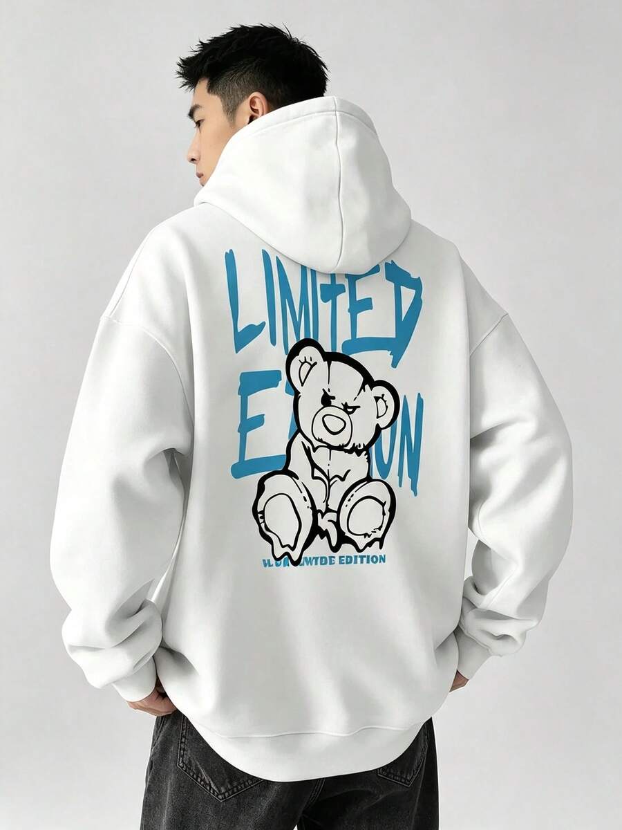 Men's Casual Versatile Street Style Hoodie,With Letter And Cartoon Bear Patterns,Equipped With A Kangaroo Pocket And Drawstring,Suitable For Autumn An - 白色 - 查看 1
