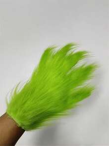 1 Pair Green Plush Monster Gloves With Feather Decor, Vintage Style Costume Prop, Cosplay Photography Prop, Washable, Plush Texture Gloves - Green - View 7