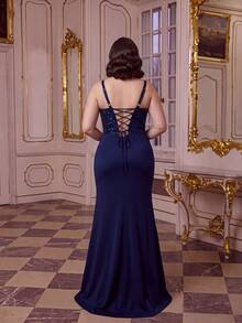 ADYCE Elegantes Brautjungfernkleid mit dicken Trägern, tailliert, rückenfrei, figurbetont, mit Pailletten, hohem Schlitz und bodenlang, Abendkleid für Abschlussball, Geburtstagskleid für Party - marineblau - Übersicht 2