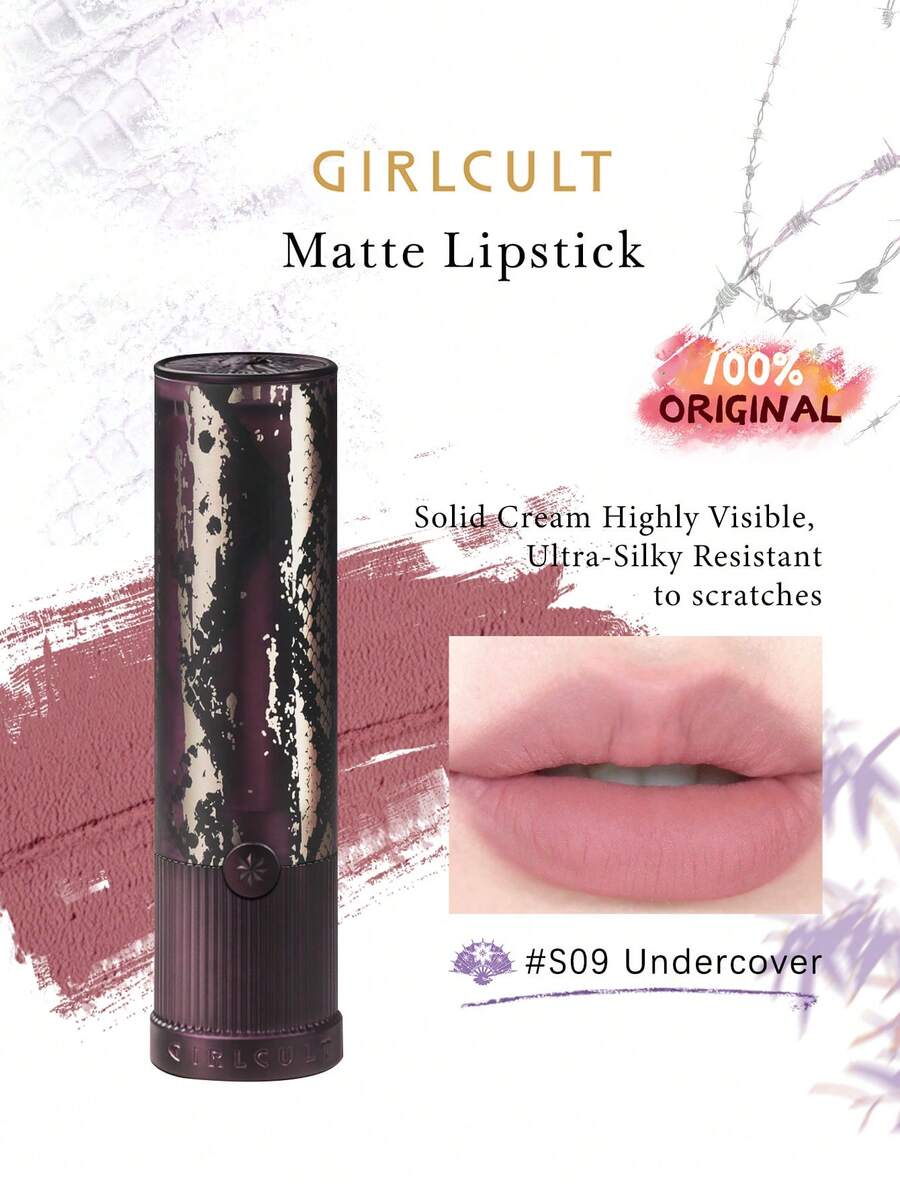 Batom Matte Girlcult S09, Alta Pigmentação, Textura Suave, Acabamento Aveludado, Cor de Longa Duração, Uso Confortável, Fácil de Aplicar, Adequado para Iniciantes, Adequado para Uso Diário de Mulheres, Presente, 3,5g/0,12 Oz