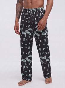 Snug League 春季新款美元钞票印花男士休闲舒适家居裤、睡衣，秋冬皆宜 - 黑色 - 查看 2