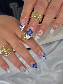 24片中號杏仁形白色法式藍色花瓣金邊水鑽合金穿戴甲凝膠美甲套組（含1片果凍膠與1片指甲锉），適合女性日常配戴、約會與派對 - 彩色 - 查看 8