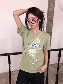 Y2K Women's Summer New Abstract Floral Print Casual Grey-Green Short Sleeve T-Shirt - Olive Green - View 2