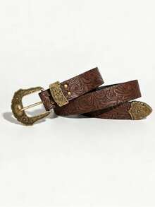 1pc Women's Vintage Embossed Western Buckle Denim Belt For Music Festival Outfit Decoration - Brown - View 3