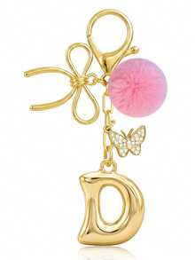 Cute Minimalist A-Z Initial Gold Keychain With Bowknot Pink Fur Ball Key Chain For Women's Bags, Daily Wear And Gift - Gold - View 32