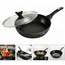 1 Set Maifan‑Stone Coated Frying Pan With Lid, Non‑Stick Skillet, Tempered Glass Lid, Heat‑Insulated Anti‑Scald Handle, Easy‑To‑Clean Home Cooking Pan, Suitable For Frying, Braising And Boiling For Daily Cooking In Home Kitchen - View 1