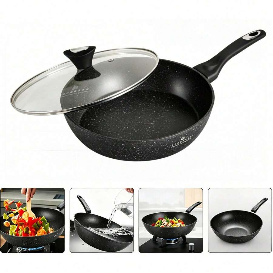 1 Set Maifan‑Stone Coated Frying Pan With Lid, Non‑Stick Skillet, Tempered Glass Lid, Heat‑Insulated Anti‑Scald Handle, Easy‑To‑Clean Home Cooking Pan, Suitable For Frying, Braising And Boiling For Daily Cooking In Home Kitchen - View 1