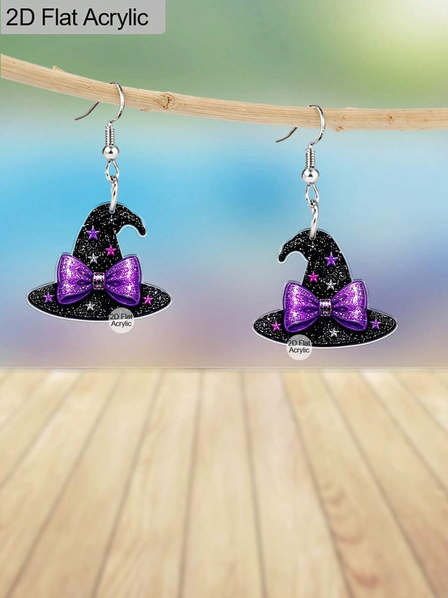 1 PairPurple Bow Witch Hat Acrylic Dangle Earrings For Women, Halloween ...