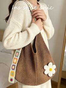 Crochet Flower Decorated Colorful Square Crochet Strap Knit Shoulder Bag Open Closure Spacious Convenient Access Suitable For Travel Vacation Outing Commuting Shopping - Coffee - View 6