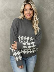 Women's Plus Size Knitwear Pullover Sweater With Argyle Pattern, High Neck, Long Drop Shoulder Sleeves And Tight Hem, Medium Stretch, For Fall Winter - Grey - View 6