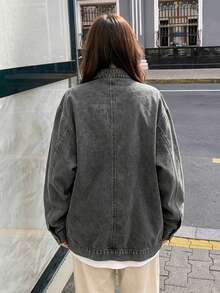 Women's Loose Fit Solid Color Denim Jacket - Grey - View 11