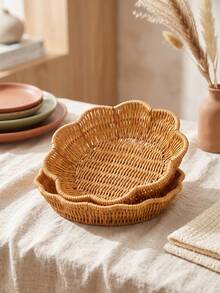 1pc Multifunctional Oval Woven Storage Basket - Plastic Rattan Design, Suitable For Storing Fruits, Snacks, Spoons, Flowers And Groceries, Used For Shelf Baskets, Room Decor, Home Decoration - Round Lace - View 2
