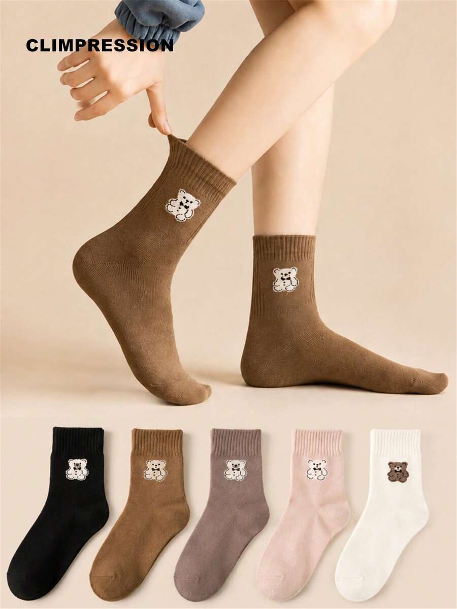 CLIMPRESSION Women Cute Bear Crew Socks, Casual Cotton Knit Socks, Lovely Cartoon Bear Knitting Mid‑Calf Socks For Daily Wear - Multicolor - View 1
