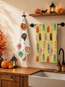 2 Packs Retro Cartoon Ghost & Pumpkin Halloween Hand Towels, Soft Printed Absorbent Kitchen Dish Tea Towels For Home Party Decoration - A - View 9