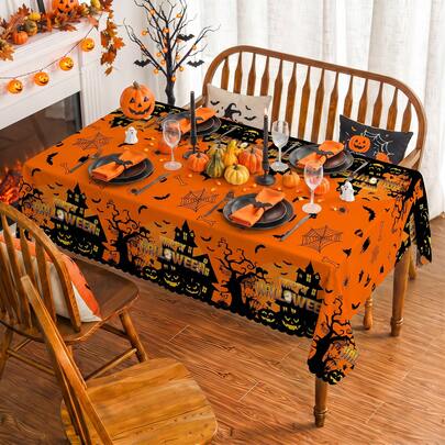 1pc Halloween Pumpkin Bat Spider Web Print Rectangular Tablecloth, Suitable For Holiday, Party, Birthday, Dinner, Restaurant Table Decoration, Halloween Home Autumn/Winter Decor