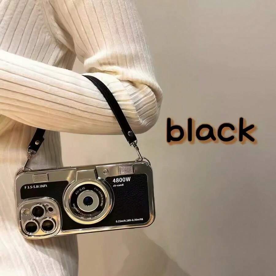 1pc 3D Camera Litchi Texture Phone Case With Lanyard, Shockproof Protective Cover, Style, Different Models Have Different Hole Positions, Subject To Actual Product Received - Black - View 1