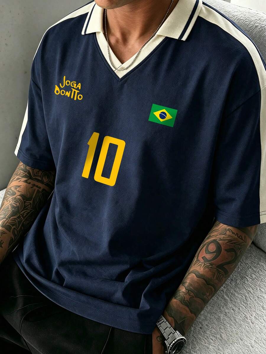 Kaos Pria Bermotif, Jersey Brasil - Nomor 10 Legendaris, Kain Rajut Bernapas, Desain Leher V Kontras - Navy Blue - View 1