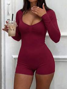 NOIRLYN 女款秋季 Y2K 性感 V 領前胸抓褶長袖修身連身衣套裝，適合運動、健身與休閒穿著 - 酒紅色 - 查看 10