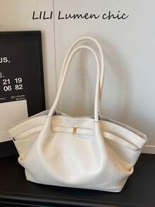 Atmospheric Large Capacity Tote Bag, Soft Relaxed Body With Extended Handle, Metal Buckle Decoration On Front, Can Be Paired With Fun Charms. Open Design For Easy Access, Ample Internal Storage Space, Simple And Elegant Style, Suitable For Commuting And Daily Outings, Compatible With Various Daily Outfits. - White - View 7