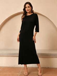 JINLICX Black Round Neck 3/4 Sleeve Loose Fit Floor Length Maxi Dress For Daily & Party - Black - View 1