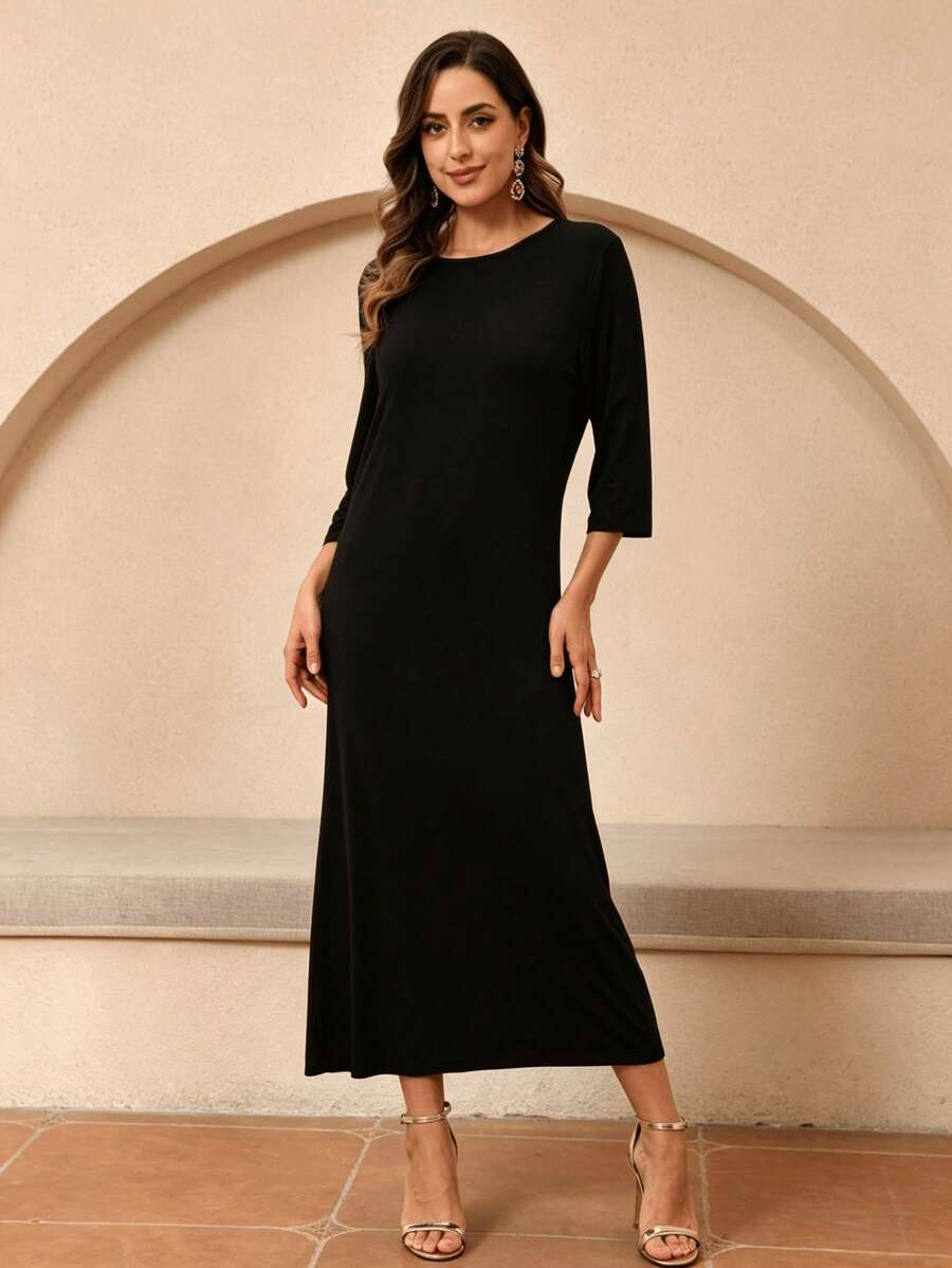 JINLICX Black Round Neck 3/4 Sleeve Loose Fit Floor Length Maxi Dress For Daily & Party - Black - View 1