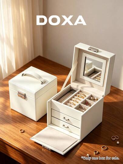 Large Capacity Jewelry Storage Box, DOXA Smooth Surface Jewelry Storage Box With Lock And Mirror, Earring Ring Necklace Bracelet Gift Box