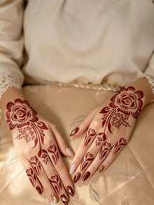 3PCS (1 Warna Cokelat + 1 Pasta Henna Merah Tua + 1 Templat Bunga) Set Kombo Krim Tato Henna untuk Seni Kuku dengan Kotak Penyimpanan, Tinta Tato Semi-Permanen Berbasis Tanaman untuk Tangan dan Tubuh - MultiWarna - View 6