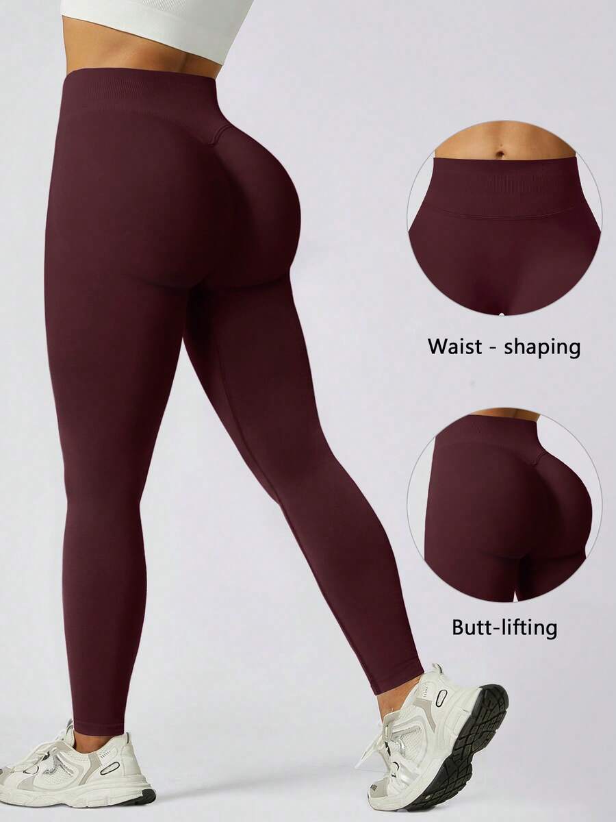 1 pieza Pantalones deportivos elásticos sin costuras de cintura alta de unicolor acanalado para mujer - Burdeos - Ver 1