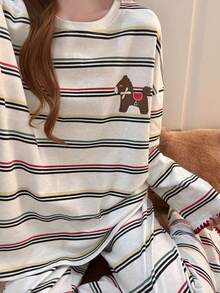 2pcs/Set Women's Pajamas Homewear Set, Cute Pony Striped Print Pullover Round Neck Long Sleeve Pants, Comfortable For Home - Grey - View 6