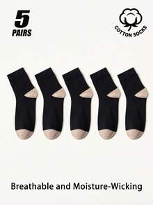 5/6 Pairs Men's Cotton Color Block Contrast Toe & Heel Crew Socks, Mesh Ventilation Breathable Soft Socks, Moisture‑Wicking Casual Daily Socks - Multicolor - View 17