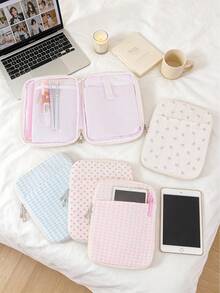 Cute Gingham Heart Floral Quilted Tablet Sleeve Bag Multi Pocket Zipper Carrying Case Soft Fabric Notebook Pouch Stationery Storage Bag, Laptop Bag - Multicolor - View 6