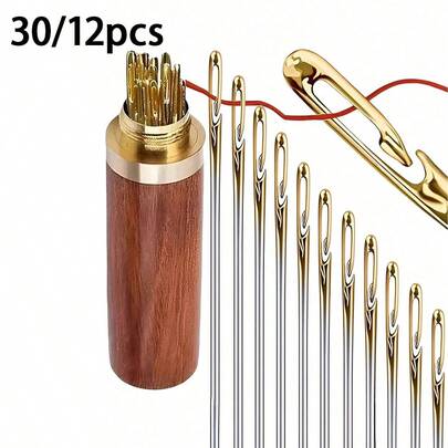 30pcs Stainless Steel Side-Threading Sewing Needles + Wooden Needle Storage Bottle - Easy-To-Thread Hand Sewing Needles For Seniors, Side-Opening Hole No Aiming Required, DIY Home Craft Supplies (Needles + Wooden Bottle/Wooden Needles Optional)