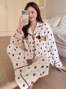 Aesletic 2pcs/Set Autumn/Winter Women's Flannel Cardigan Button Pajamas, Geometric Print Ramadan Romantic Casual Comfortable Loungewear - Apricot - View 3