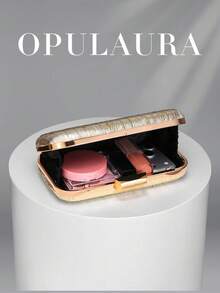 OpulAura 復古奢華手拿包，金色 PU 皮革亮面百褶設計時尚派對包，正式派對手提包，高端方盒小包，適合派對/婚禮/正式場合晚宴女士包，附鏈條 - 金色 - 查看 4
