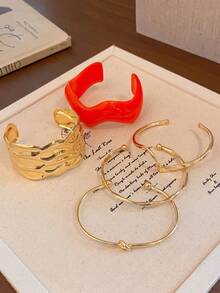 5pcs Minimalist Open Cuff Bracelet Set, Vintage Asymmetrical Twisted Stackable Bracelets, Fashion Daily Jewelry Gift For Women - Multicolor - View 4