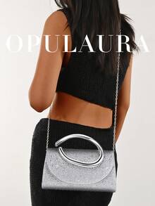 OpulAura 復古純色手拿包，百搭小手提包，時尚亮面水鑽女款包，適合婚禮、派對、舞會、晚餐等場合 - 銀色 - 查看 9