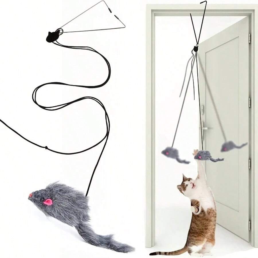 Door Hanging Cat Toy, Interactive Hanging Plush Mouse Teaser Toy For Cat Self‑Play - Grey - View 1