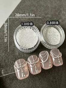2 Boxes Assorted Mini Irregular Rhinestone & Steel Bead Nail Art Decor, French Rich Girl Style Super Shiny Flat Back Rhinestones, Short Press-On Nails With Storage Box, Manicure Accessories - White - View 6