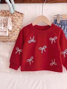 Baby Girl Fashion Bow Pattern Print Crew Neck Long Sleeve Sweatshirt And 3D Bow Decor Ruched Denim Skirt Set - Red - View 3