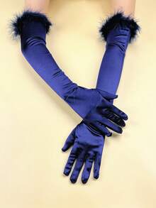 1 Pair Thick Fleecy Long Style Satin Touch Screen Gloves, Suitable For Party, Performance, Ball, Holiday Christmas Summer,Festival,Camping - Same Color - View 5