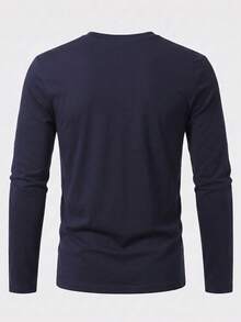 New Autumn Contrast Color Business Casual Round Neck Men Long Sleeve T-Shirt, For Fall - Blue - View 3