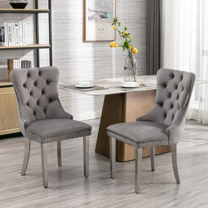 A&A Furniture,Nikki Collection Modern, High-End Tufted Solid Wood Contemporary Velvet Upholstered Dining Chair With  Stainless Steel Plating Legs,Nailhead Trim,Set Of 2,Gray And ,DE1701GY