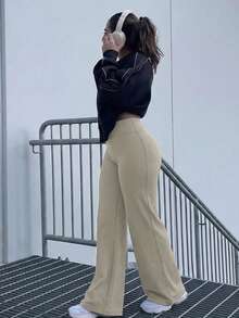 1件組女款純色寬鬆瑜伽寬腿褲，舒適修身百搭，適合跑步、健身與瑜伽運動 - 卡其色 - 查看 1