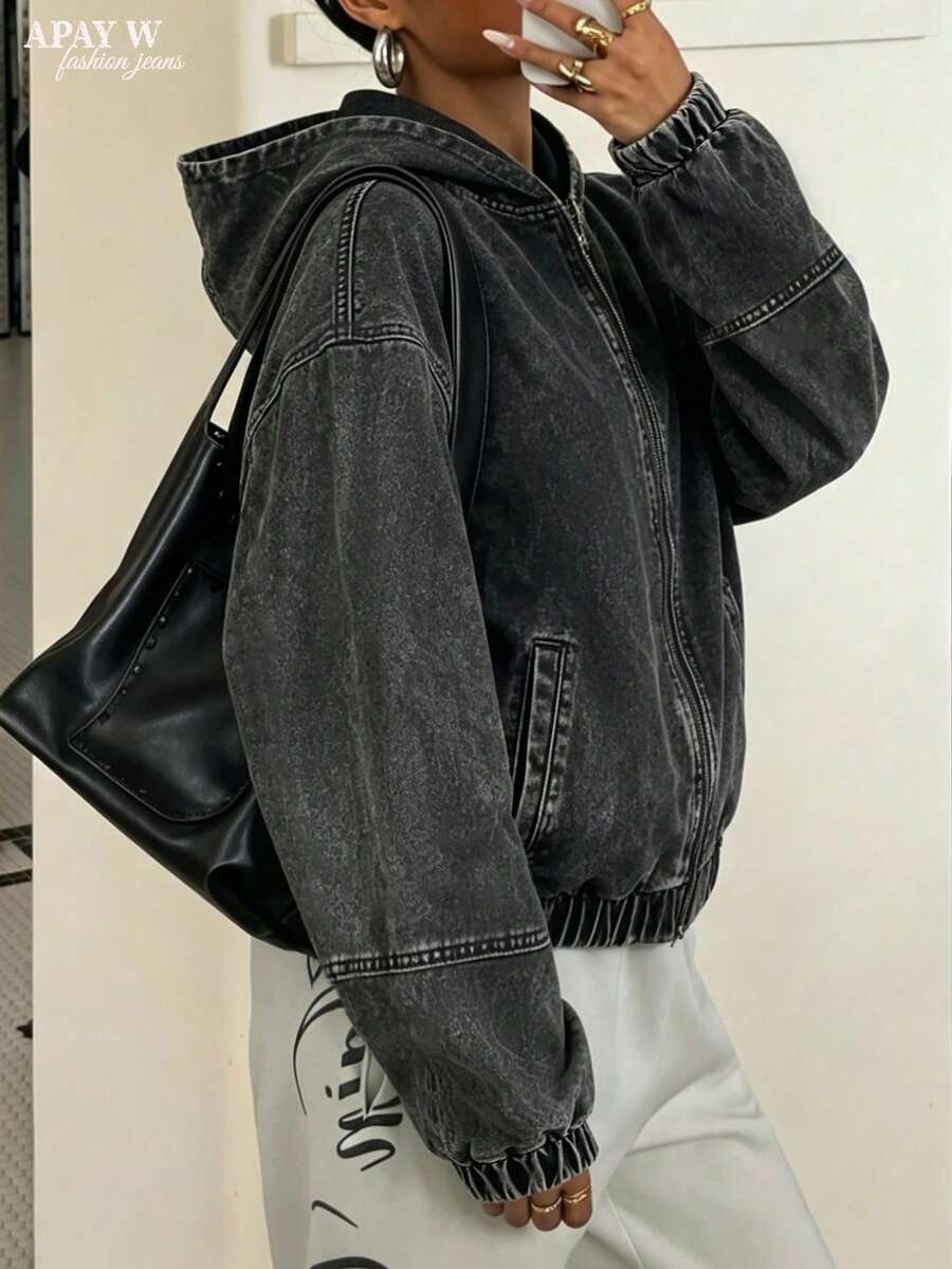 Women's Vintage Washed Denim Hooded Jacket With Pockets - Grey - View 1