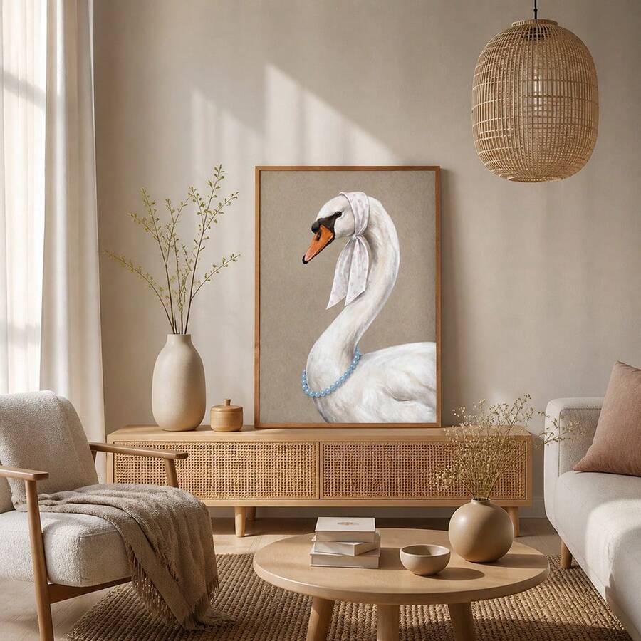 1pc Vintage Swan Canvas Wall Art Funny Animal Portrait Print Wearing Headscarf & Pearl Necklace Quirky Bird Poster Cottagecore Wall Decor For Living Room Bedroom Unframed Or Framed/Wooden Hanging - Pattern - View 1