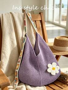 Crochet Flower Decor Colorful Square Crochet Strap Knitted Shoulder Bag Open Closure Spacious Convenient Access Suitable For Travel Vacation Outing Commute Shopping - Purple - View 5