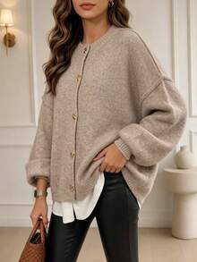 Marisole Women's Casual Daily Dropped Shoulder Long Sleeve Crew Neck Ribbed Button Cardigan, Fashion Basic Commute Travel Vacation Knit Sweater, Autumn/Winter - Camel - View 8