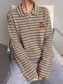 1pc Girls' Vintage Striped Polo Shirt, Cute Cherry Embroidery Collar, Spring/Autumn Knit Top - Multicolor - View 2