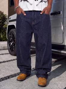 Men's Washed Original Color Loose Straight Leg Jeans With Embroidery Design, Wide Leg Straight Streetwear Denim Pants - Dark Wash - View 3
