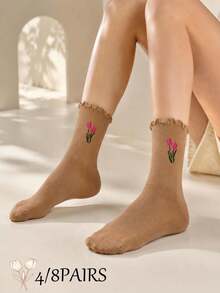 4/8 Pairs Sweet Style Tulip Floral Frill Trim Women's Mid-Calf Socks - Multicolor - View 1